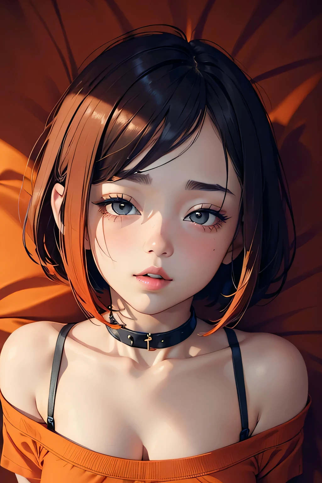 Amazing portrait of a sexy and cute girl with a short bob hairstyle and a seductive gaze who is blushing intensely with parted lips and is desperate and flustered and lustful wearing an off shoulder orange t shirt showcasing her bare shoulder while lying on bed