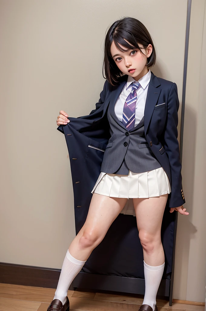 white collared shirt, blazer, bowtie, necktie, pleated skirt, micromini skirt, bobby socks, , white socks, loafers, school shoes,striped panties,(( pantyshot, panties shot)),,skirt up.cowboy shot.spread legs.((full body)).23yo .pee stain