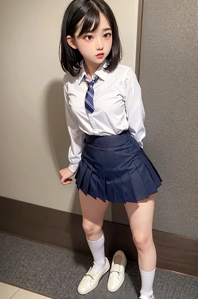 white collared shirt, blazer, bowtie, necktie, pleated skirt, micromini skirt, bobby socks, , white socks, loafers, school shoes,striped panties,(( pantyshot, panties shot)),,skirt up.cowboy shot.spread legs.((full body)).23yo .pee stain