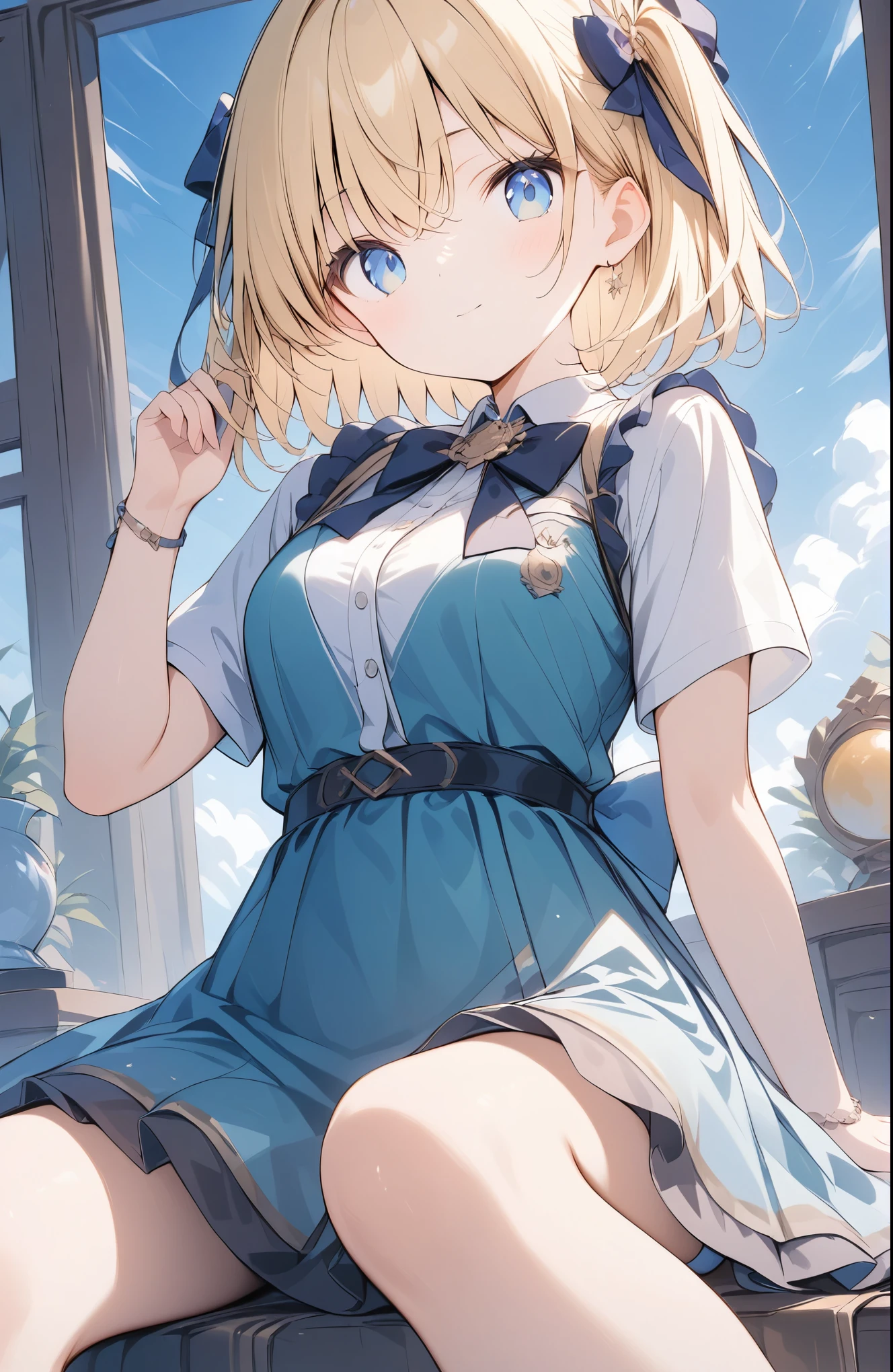 超High resolution, Attention to detail, high quality, High resolution, 最high quality, 4K, 8K, Awards, (artwork)、森の中,木の下で休む女の子、Blonde、Short Hair、(Blue Eyes:0.9)、cute、Sitting