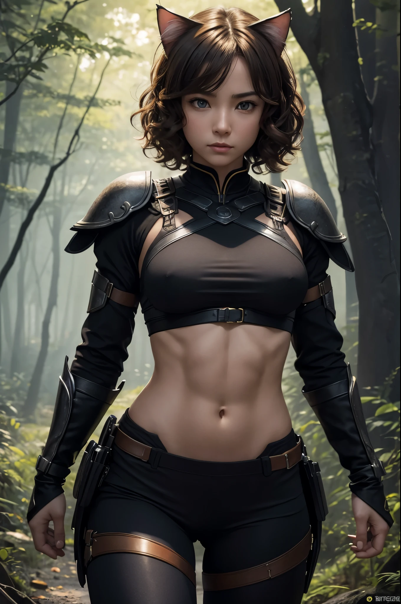8K,写真を撮るsmall breasts cat girl, small breasts cat girl, Her light brown hair and short curly hair are attractive., Fantasy art, little cat girl, Vojtek Fuss,Very small yellow and black chest armor, Chiquita, Trending on cgstation,In the woods,Grim expression,Light brown permed short hair,attractive,Ultra-high resolution,Realistic Skin,has cat eyes,Rich colors, Backlight, Cinema Lighting, Film Grain, 50mm lens, Nikon D850,Ultra-high resolution,Ultra-realistic,Compensate,Super sexy,Very violently、Strong abdominal muscles,Big eyes,whole body muscular,concentrated,Strengthen all your muscles,Dynamic pose,と黒のVery small breastsの胸鎧,and black combat trousers,Very small breasts,Hold a short sword,anger,Combat,Throwing Short Swords,