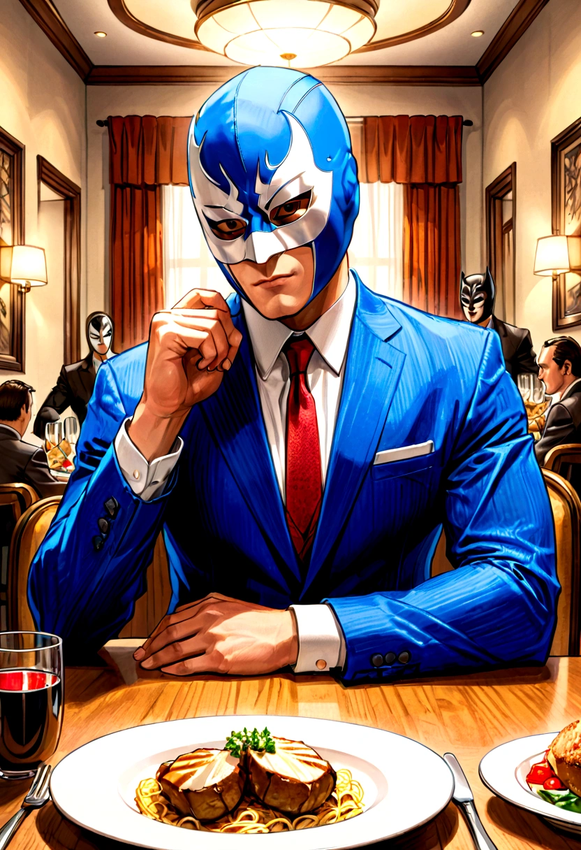 comic artwork of a man in a business suit, wearing a wrestling mask, sitting at a dinner table, crosshatching, 2D, Sharp, Detailed, HD, HDR, High Quality, High Resolution, Masterpiece, single panel