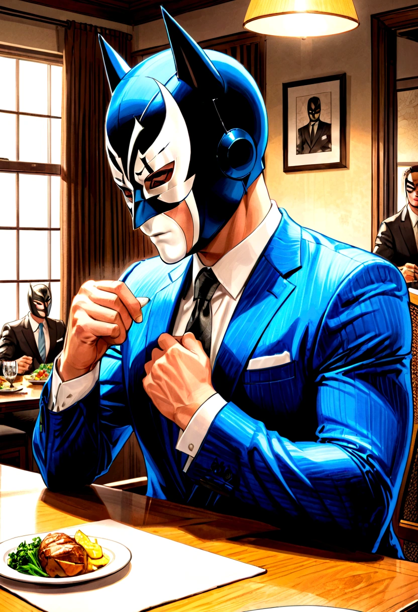 comic artwork of a man in a business suit, wearing a wrestling mask, sitting at a dinner table, crosshatching, 2D, Sharp, Detailed, HD, HDR, High Quality, High Resolution, Masterpiece, single panel