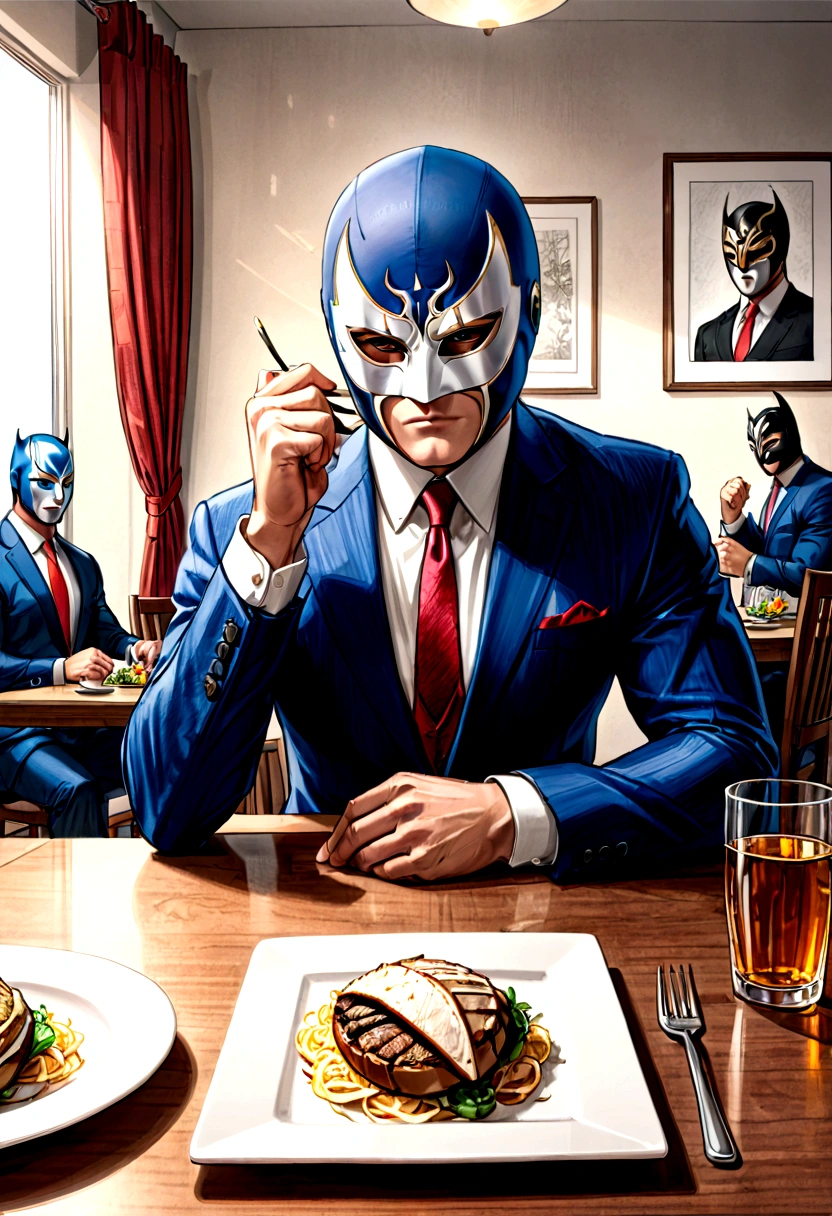 comic artwork of a man in a business suit, wearing a wrestling mask, sitting at a dinner table, crosshatching, 2D, Sharp, Detailed, HD, HDR, High Quality, High Resolution, Masterpiece, single panel