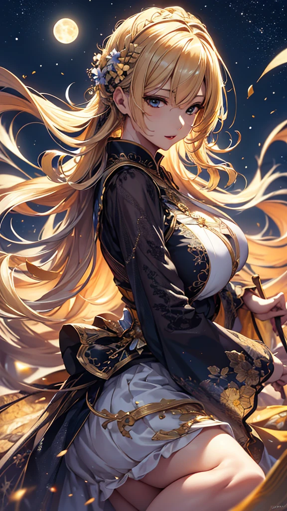 masterpiece, high quality, 4K, Beautiful design, silhouette,blonde, 非常に詳細な夜のStarry Sky,Flower Field, wonderful, Finer details, Very knowledgeable woman, Highly detailed solo, 1 female,Big Breasts,dress,Night view,Starry Sky,full moon,