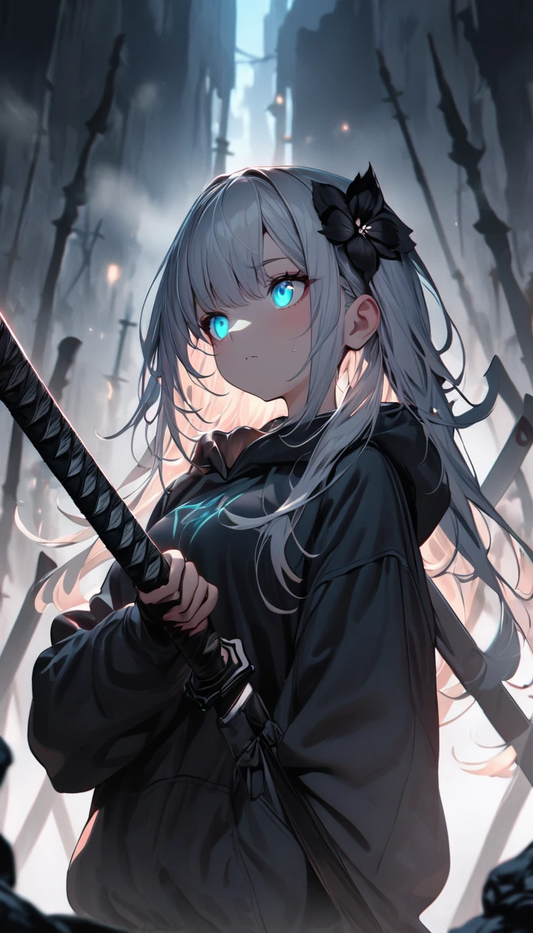 Masterpiece, saturate, full HD, best quality, 1girl, ( young girl, cute girl), slim body.medium breast, white light hair.detailed beautiful eyes. Glowing eye. Bright aqua eyes, long hair, bangs, black flower hair ornament, black hoodie oversized, holding sword. Black flower hair ornament. girl's head facing upwards, shadows surrounding girl, foggy theme, rocky plain background and many swords sticking into the ground, foggy