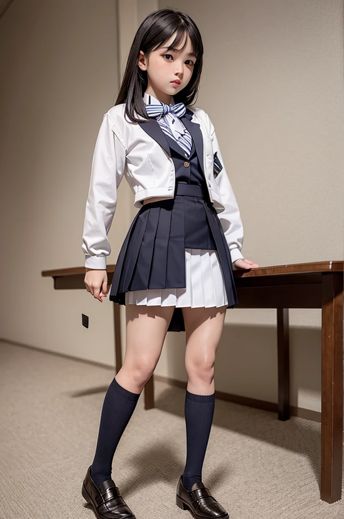 white collared shirt, blazer, bowtie, necktie, pleated skirt, micromini skirt, bobby socks, , white socks, loafers, school shoes,striped panties,(( pantyshot, panties shot)),,skirt up.cowboy shot.spread legs.((full body)).23yo .pee stain