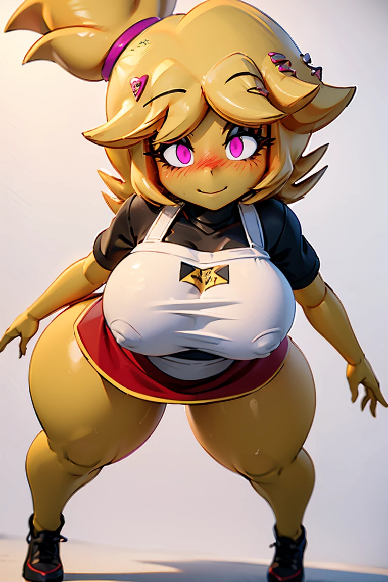 (master piece: 1.1), (chiku), wearing long tabard apron end in the hips, aultra-detailed, 2d style, sexy, woman, yellow skin, yellow hair, big thick, big breast, thick thighs, pink eyes, blushing, dynamic Pose, dynamic angle, lazy eyes, smiling, full body view, eyes at the viewer, white background
