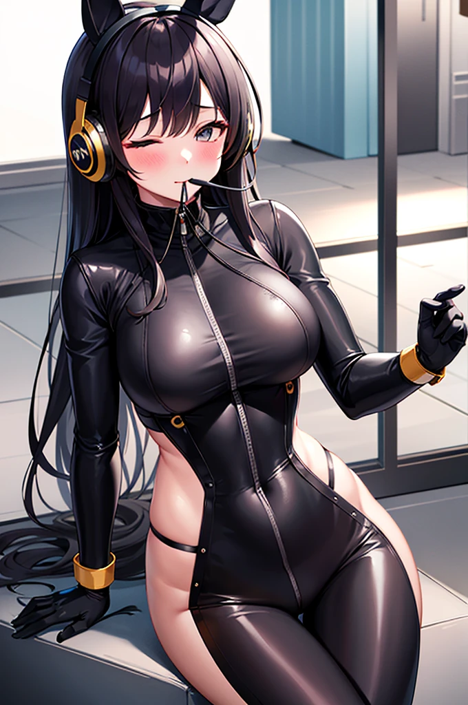 One girl, Animal ears, bangs, blush, Bodysuits, chest, Mouth closed, fake Animal ears, gloves, Headphones, headset, Horse&#39;s ears, Impossible clothes, Jacket, large chest, Long Hair, Long sleeve, View your viewers, pink Bodysuits, Pink Eyes, Simple Background, Fits perfectly to the skin, smile, alone, Twin tails, Upper Body, very Long Hair, White Background, white gloves, Gray Hair,Alice \(Nod\),(masterpiece:1.4),(Highest quality:1.4),(Shiny skin),Realistic