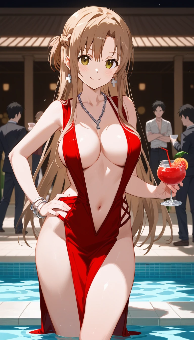 score_9,score_8_up,score_7_up,18 year old,1girl,asuna \(sao-alo\), sword art online,yuuki asuna,solo,,brown eyes, brown hair, long hair, bangs, braid,standing,leg up,hand on hip, holding cup,-smile,blush,large breasts,brown hair,parted hair,long hair,red dress
,plunging neckline,chain necklace,center opening,cleavage,navel,earrings,bracelet,pool ,people,multiple boys,