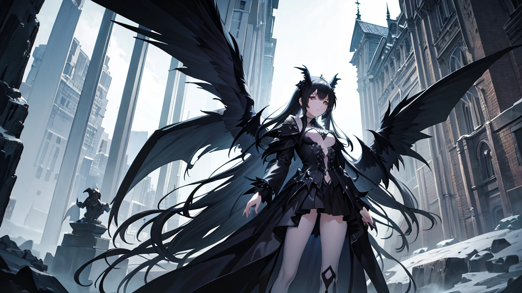 Highest quality, masterpiece, Ultra-high resolution,  ZBrush Central Contest Winners, Gothic art, Angel Knight Gothic Girl, OverloadAlbedo of, Female vampire with raven wings, Black Feather Wings, Angel Knight Girl, Young Harpy Girl, PVC Figure, anime「Overload」Albedo of