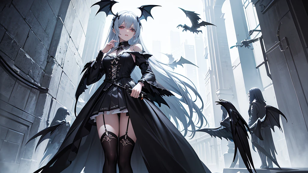 Highest quality, masterpiece, Ultra-high resolution, ZBrush Central Contest Winners, Gothic art, Angel Knight Gothic Girl, OverloadAlbedo of, Female vampire with raven wings, Black Feather Wings, Angel Knight Girl, Young Harpy Girl, PVC Figure, anime「Overload」Albedo of