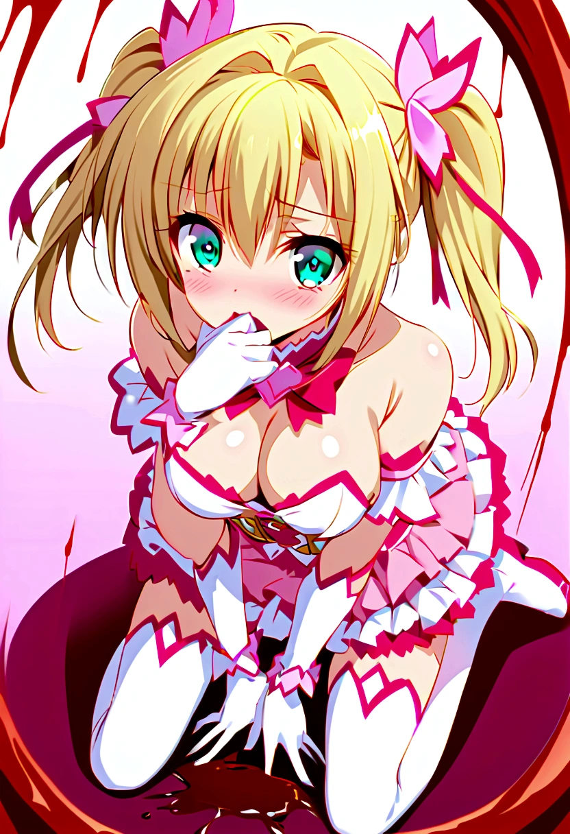 serena,solo girl,Kneeling,blood is flowing from the mouth, painful face,Glare,Cleavage,Saggy breasts,covering one's mouth with one hand,