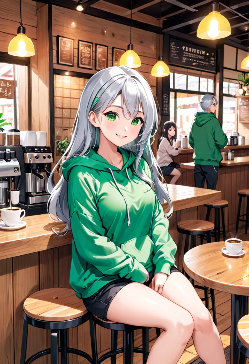 Pretty asian woman, bright silver hair, long hair, green eyes, busty, black shorts and a green hoodie, cute, sitting on a wooden barstool ,coffee shop environment, pretty smile, anime style, full body photo, facing to the right