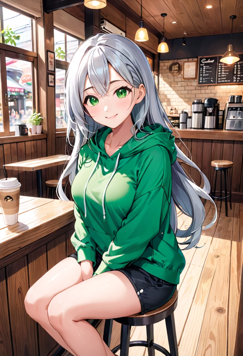 Pretty asian woman, bright silver hair, long hair, green eyes, busty, black shorts and a green hoodie, cute, sitting on a wooden barstool ,coffee shop environment, pretty smile, anime style, full body photo, facing to the right