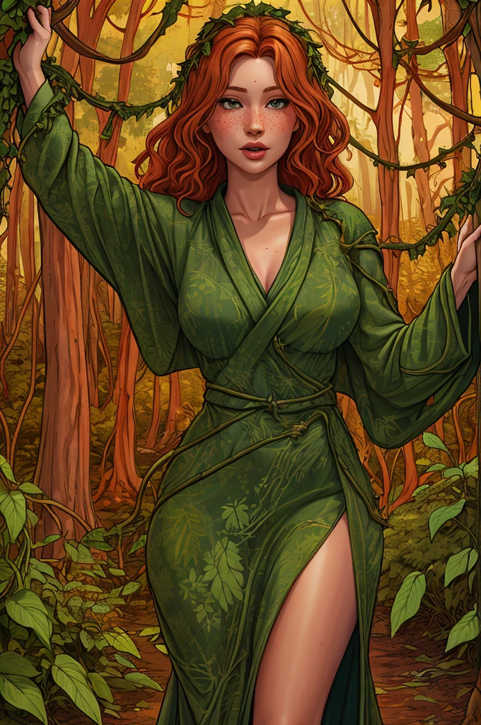 rubenesque woman, standing in a forest glade, small brook, woman, reddish-blonde, freckles, ((covered in vines)), naked, druidess, vines, robe of vines and leaves, pinup, see-though clothes