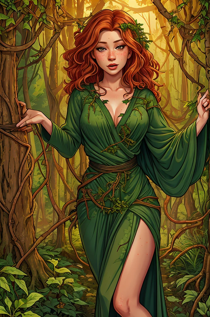 rubenesque woman, standing in a forest glade, small brook, woman, reddish-blonde, freckles, ((covered in vines)), naked, druidess, vines, robe of vines and leaves, pinup, see-though clothes