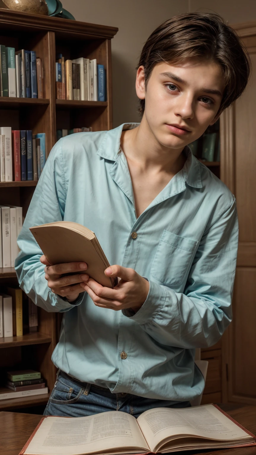 A young male twink, cute and beautiful, with a beautiful face with makeup and blush, and black hair, and his eyes have dark circles under them. He is wearing a long-sleeved aquamarine shirt and white jeans. He is in his scientific office, studying on the blackboard with brain anatomy written on it, and on his desk are medical and scientific books.  Brain anatomy manuscripts