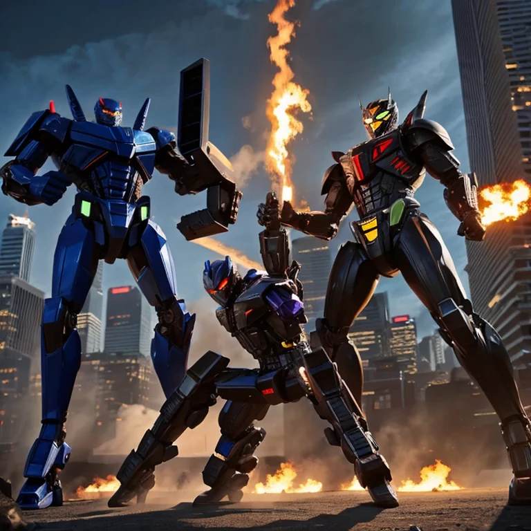 A transformer based on a spider (Decepticon) fights a transformer themed around a Cheetah (Autobot), robot battle in New York, explosions, high action