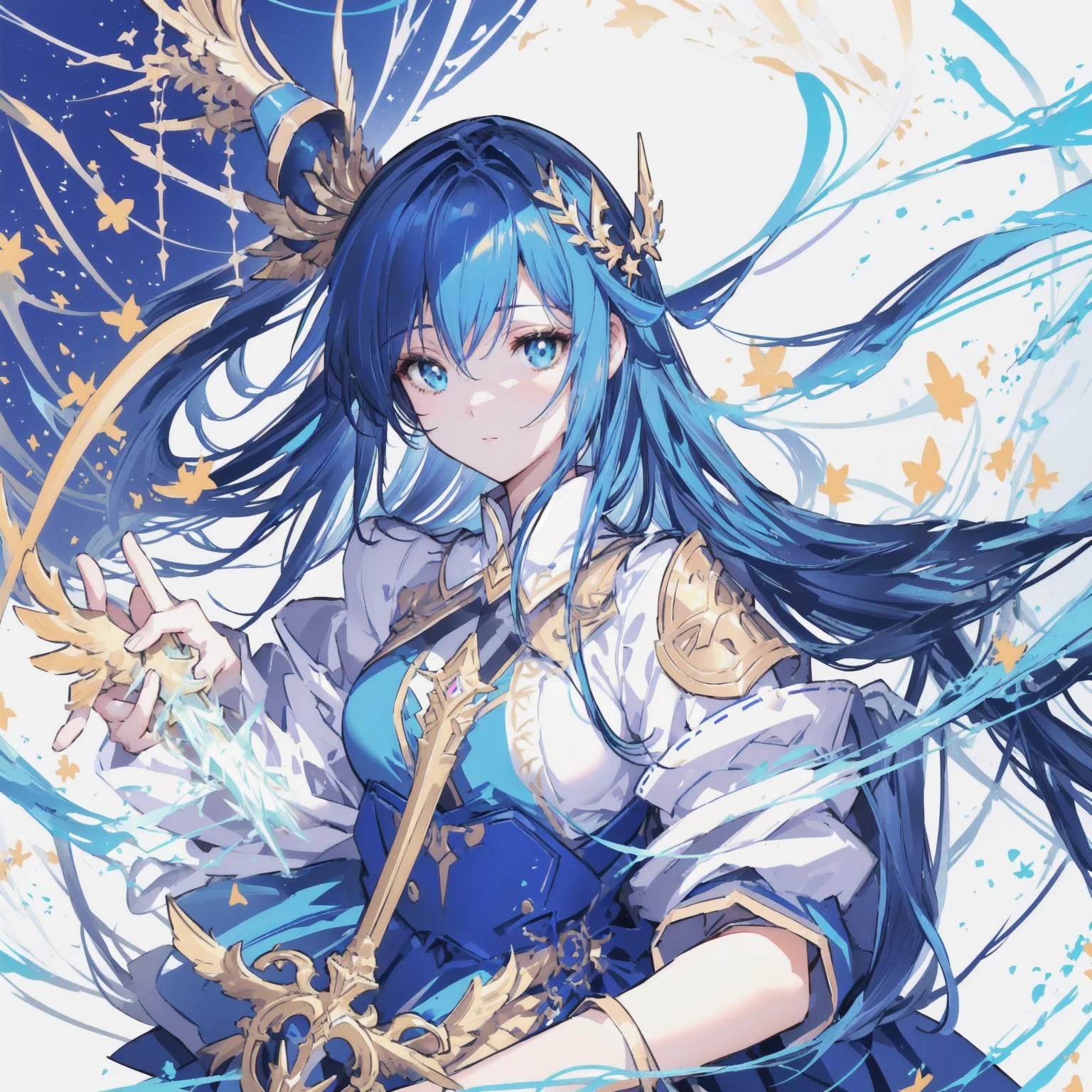Anime girl holding a sword and a big bird, Albedo from the anime Overlord, artwork in the style of Gu Weiss, Albedo from Overlord, Brunette magician, Gu Weiss, Gu Weiss on pixiv artstation, From Arknights, Anime cute art style, Anime Art, Portrait of anime girl,There are angel wings,sideways,Blue dress,Blue hair is dyed