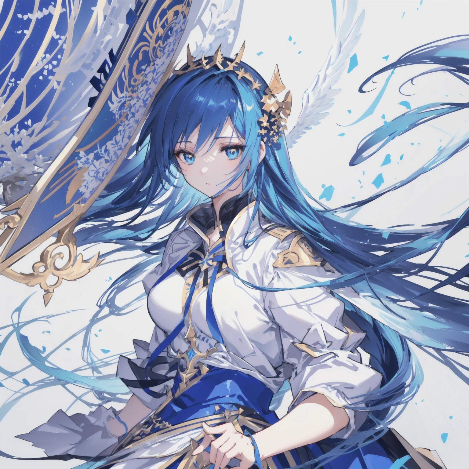 Anime girl holding a sword and a big bird, Albedo from the anime Overlord, artwork in the style of Gu Weiss, Albedo from Overlord, Brunette magician, Gu Weiss, Gu Weiss on pixiv artstation, From Arknights, Anime cute art style, Anime Art, Portrait of anime girl，There are angel wings，sideways，Blue dress，Blue hair is dyed