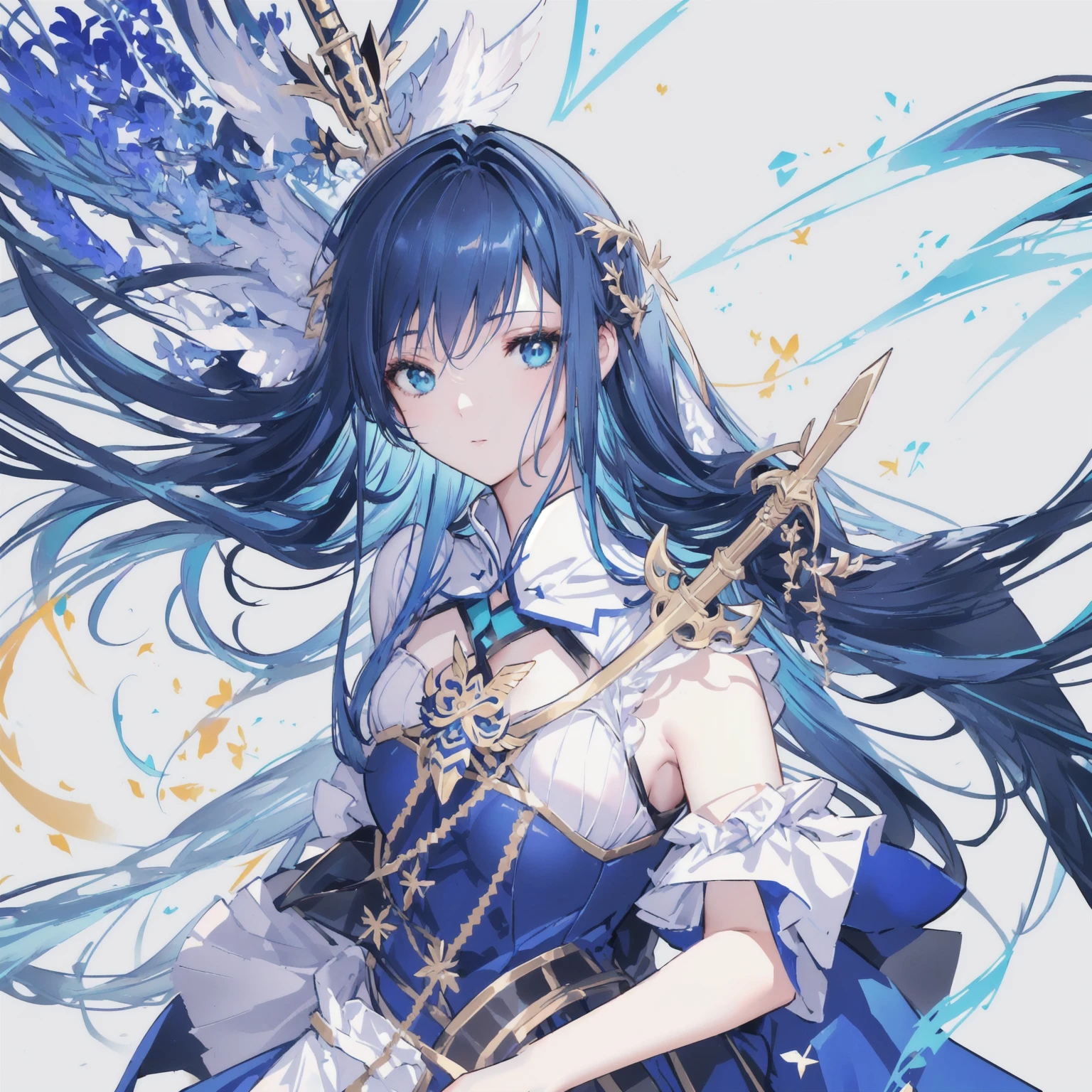 Anime girl holding a sword and a big bird, Albedo from the anime Overlord, artwork in the style of Gu Weiss, Albedo from Overlord, Brunette magician, Gu Weiss, Gu Weiss on pixiv artstation, From Arknights, Anime cute art style, Anime Art, Portrait of anime girl，There are angel wings，sideways，Blue dress，Blue hair is dyed