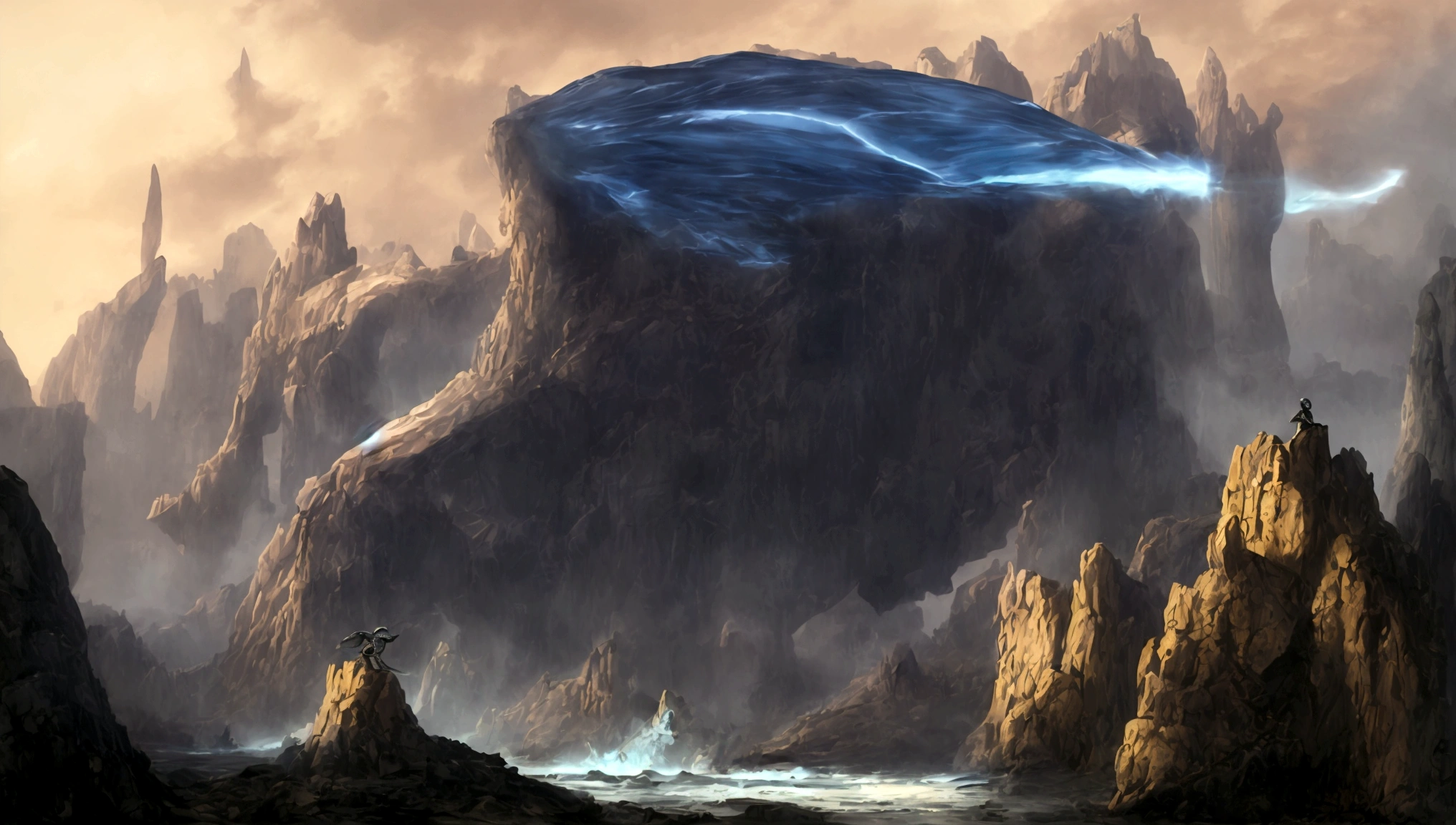A ilustration concept art, a man with long black hair, wearing futuristic blue armor and a dark blue cape, looking out towards a giant schi fi city. The character stands on a high vantage point, with their hair flowing in the wind and a determined gaze. The city fills the horizon, The sky above is filled with stars and a crescent moon, while dark clouds add a touch of mystery.
style in Im Burns, Syd Mead and Mark Brooks, Michael Whelan and Gustave Doré, E. McPharlin, Wayne Douglas Barlowe, science fiction painting, UN and Michael Whelan, ancient science fiction art, science fiction landscape, Barlowe, Michael Whelan Art, Concept Art.