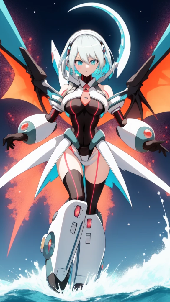 ico_megamanxdive, 1girl, blue eyes, solo, white hair, android, large breasts, black gloves, short hair, thighhighs, necktie, high quality, masterpiece, surrounded by water and a small moon, in the style of vivid energy explosions, anime art, dark palette, sharp and angular, dragon art, 8k, whirring contrivances