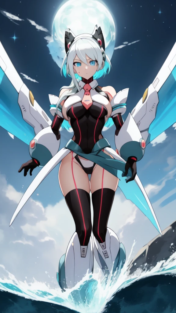 ico_megamanxdive, 1girl, blue eyes, solo, white hair, android, large breasts, black gloves, short hair, thighhighs, necktie, high quality, masterpiece, surrounded by water and a small moon, in the style of vivid energy explosions, anime art, dark palette, sharp and angular, dragon art, 8k, whirring contrivances