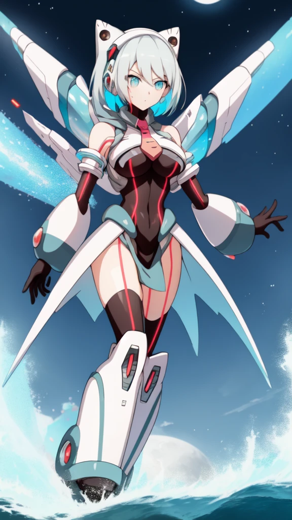 ico_megamanxdive, 1girl, blue eyes, solo, white hair, android, large breasts, black gloves, short hair, thighhighs, necktie, high quality, masterpiece, surrounded by water and a small moon, in the style of vivid energy explosions, anime art, dark palette, sharp and angular, dragon art, 8k, whirring contrivances
