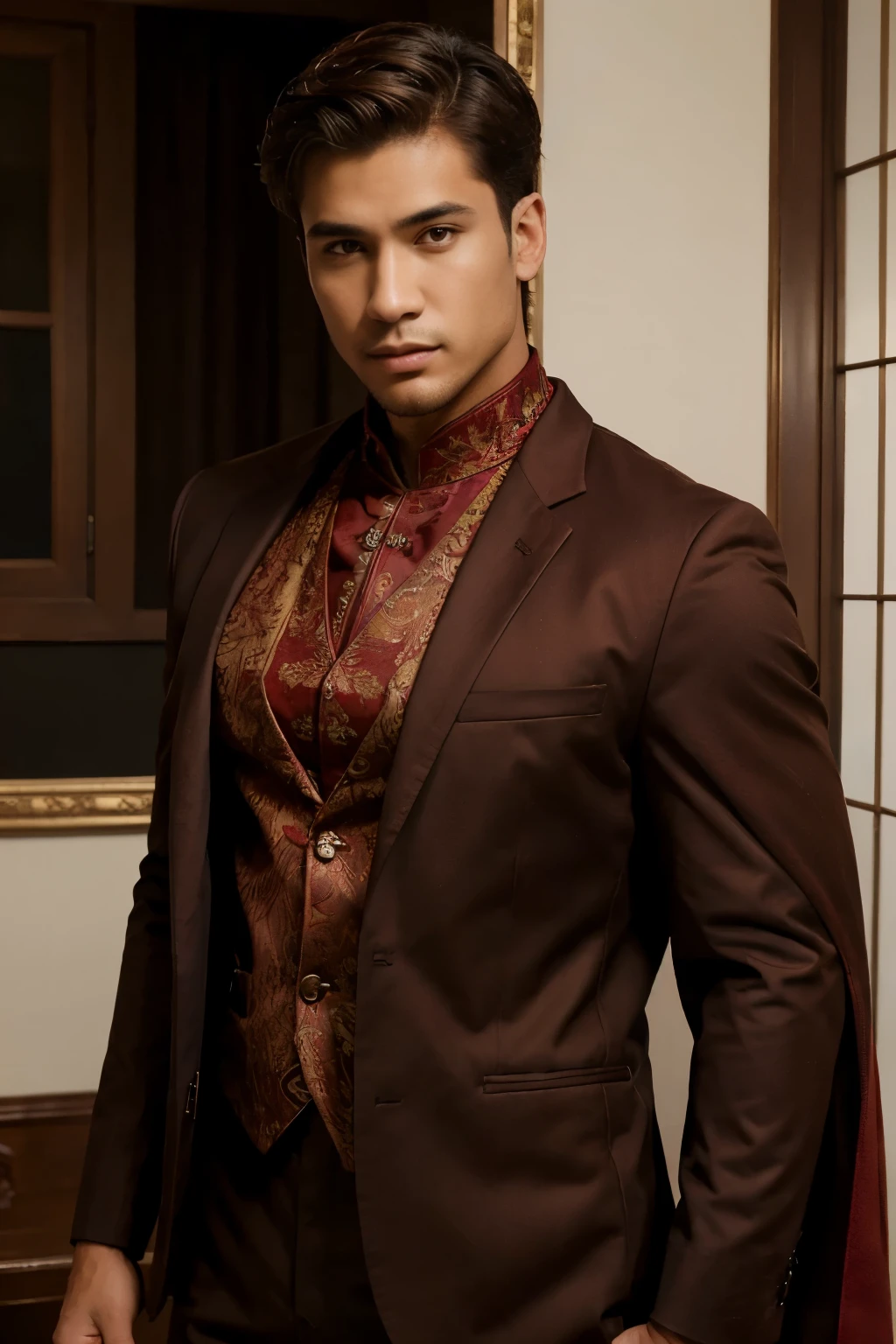 ((best quality)), ((masterpiece)), (detailed), a mixed guy, half usa, half Indonesian, with short "brown" hair, wearing dark red suits with half shoulder cape