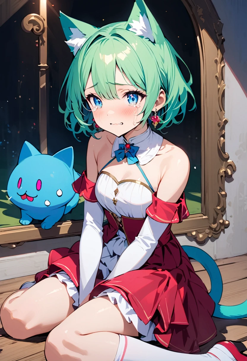 masterpiece, Highest quality, Illustrations for novels, High resolution, 18+ Adult content, Sensual, Intimate, Emotional, Passionate, romantic, sweet, Adorable, Innocent, Pure, Enchanting, Enchantingな, attractive, mysterious, Enchantingな, Enchanting, Immersive, Enchantingな, dream-like, Surreal, Imaginative, Whimsical, Artistic, Avant-garde, timeless, elegant, Sophisticated, chic, Sophisticated, Individuality, original, Enchantingな,One girl,Deltamon_beta, alone, blue eyes, Knee socks, Animal ears, Bare shoulders, Blue Tail, Earrings,Removable sleeves, Green Hair, No sleeve, Cat ear, bag, white Knee socks, Cat&#39;s Tail,pink backpack,Pink school bag,(Cheetah Dress:1.3), Paired with ivory tights and Mary Jane shoes.
rest ((Avoidance method ((kitten)), Crying face))