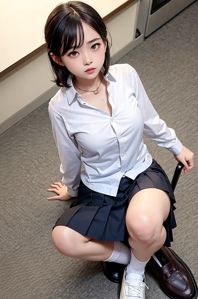 white collared shirt, blazer, bowtie, necktie, pleated skirt, micromini skirt, bobby socks, , white socks, loafers, school shoes,striped panties,(( pantyshot, panties shot)),,skirt up.cowboy shot.spread legs.((full body)).23yo .pee stain
