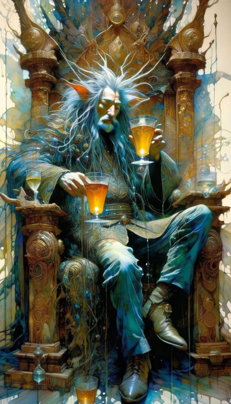 Best quality, Masterpiece, 超高分辨率, (photograph realistic:1.4), surrealism, Dream-like,fusionart, a very handsome male vampire offering you a cup of blood in a wine cup, first person, the vampire has red glowing eyes, pale paper-like skin and long flowing white hair, golden earrings and details, long ears, elegantly dressed