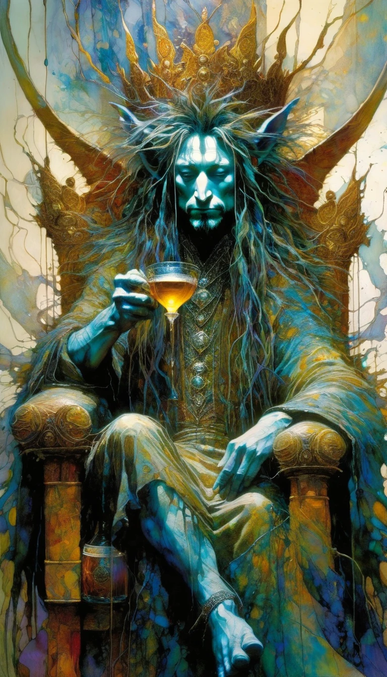 king sitting on his throne holding two cups of liquor  (art inspired by Brian Froud and Carne Griffiths and Wadim Kashin, intricate details, oil painting)