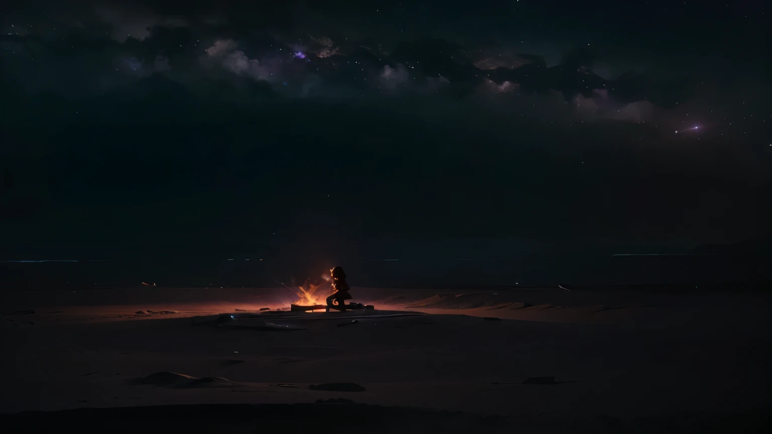 image of the edge of the galaxy. There is a girl lighting a fire very far away. A big dark fantasy like background. Use dark color pallet. Low light image, only highlight necessary objects. Use purple shaded background, cinematic lighting, Futurism, UHD. Landscape design. 