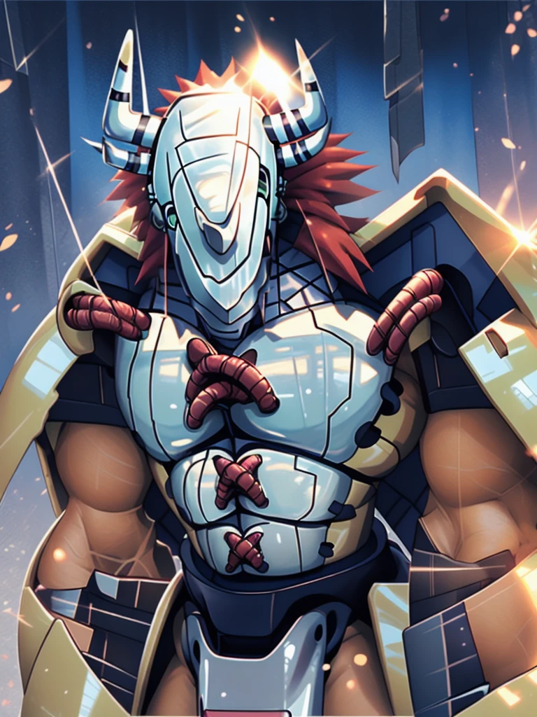 masterpiece,Official Art,Humanity,male,(WarGreymon:1.2),Delicate face,Delicate eyes,Helmet, armor, Horn, Digimon, Upper Body, Depth of written boundary, Perfect lighting, Particles of light,(Highest quality),(masterpiece),(Super detailed),Sharp focus,Particles of light、Real、８ｋ、inflammation、
