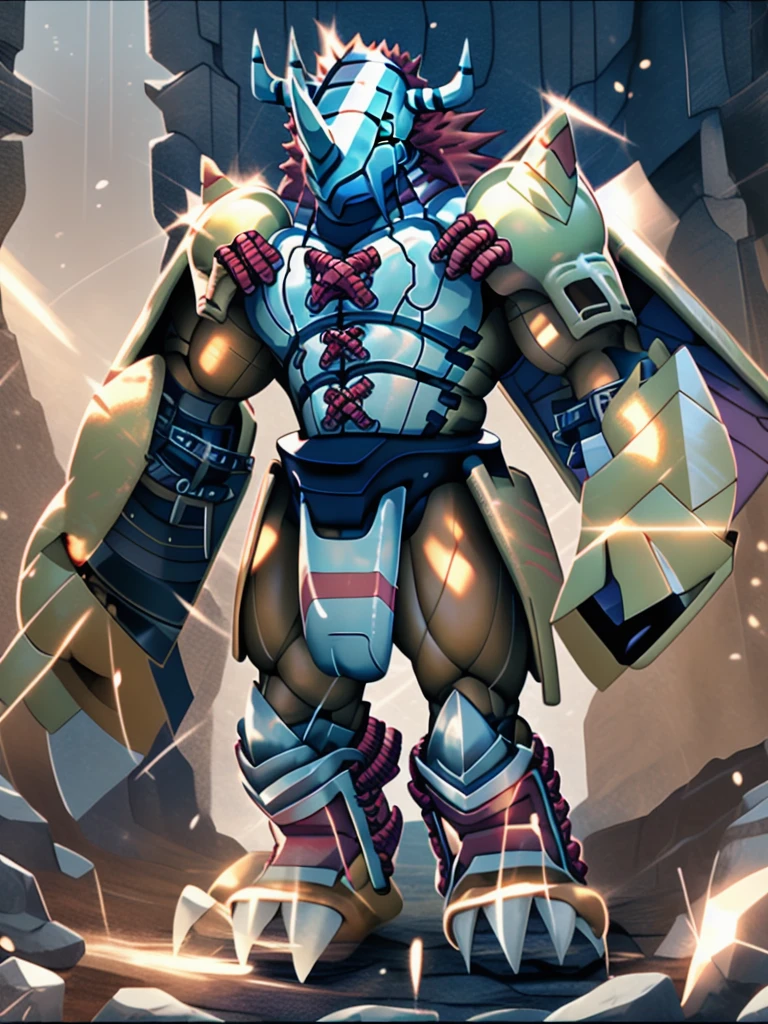 masterpiece,Official Art,Humanity,male,(WarGreymon:1.2),Delicate face,Delicate eyes,Helmet, armor, Horn, Digimon, Upper Body, Depth of written boundary, Perfect lighting, Particles of light,(Highest quality),(masterpiece),(Super detailed),Sharp focus,Particles of light、Real、８ｋ、inflammation、
