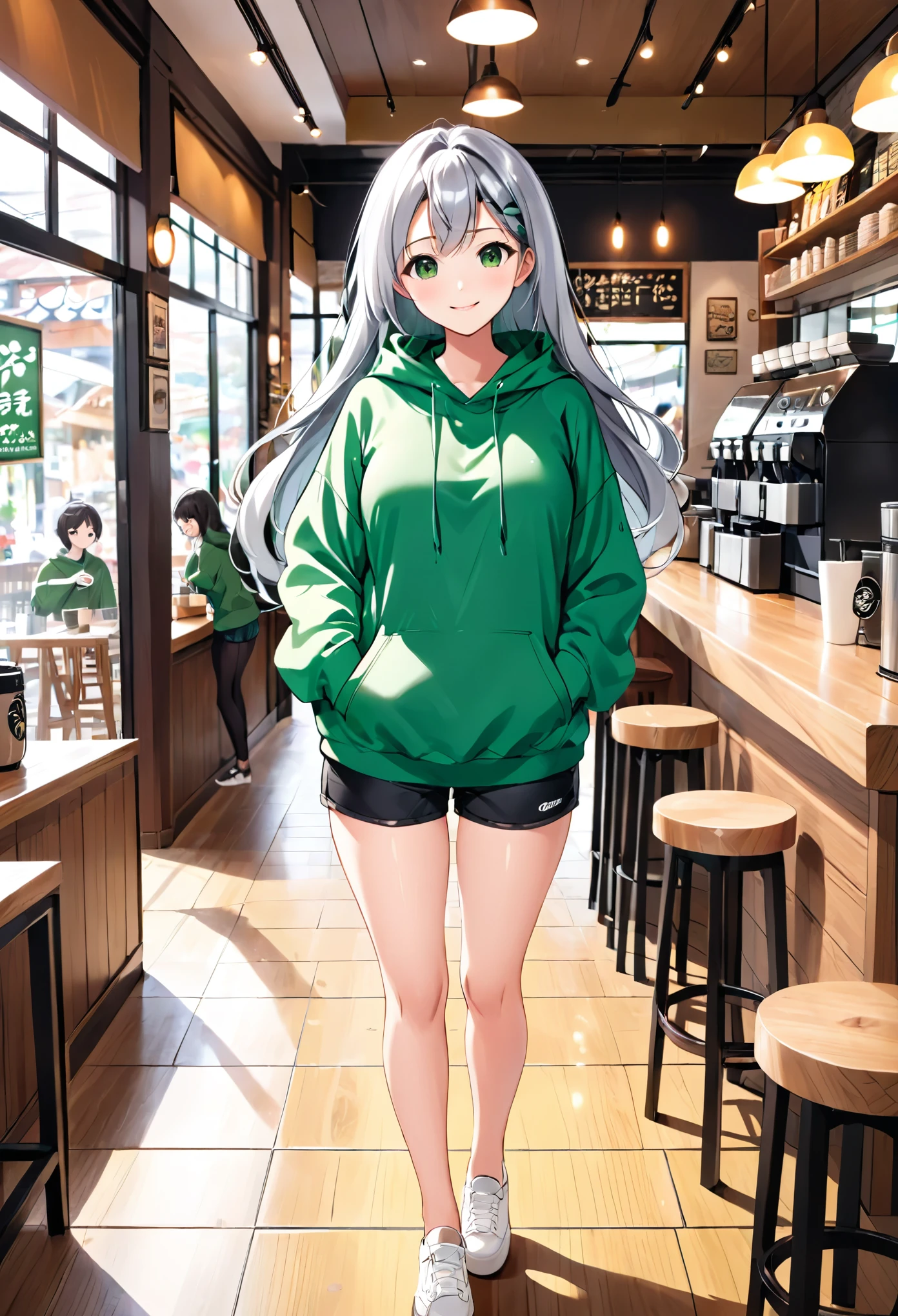 Pretty asian woman, bright silver hair, long hair, green eyes, busty, black shorts and a green hoodie, cute, standing in the center of a coffee shop environment, pretty smile, anime style, full body photo