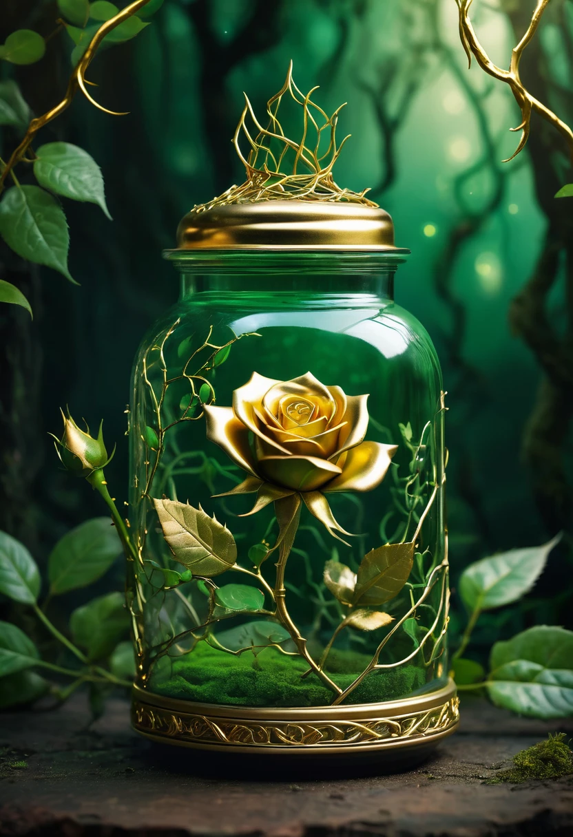 A mysterious image with forest green color as background. With some golden vines that serves as borders. In the middle, there is a shining small jar with a thorny golden rose sprouting from its mouth. Overall, this image has mystical but darker vibes.