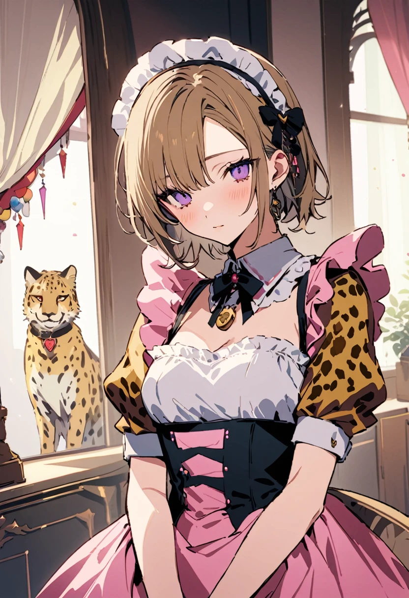 masterpiece, Highest quality, Illustration of the novel, High resolution, 18+ Adult content, Sensual, Intimate, Emotional, Passionate, romantic, sweet, Adorable, Innocent, Pure, Charmな, Charmな, Charm, mysterious, Charmな, Charmな, Immersive, Charmな, dream-like, Surreal, Imaginative, Whimsical, Artistic, Avant-garde, timeless, elegant, Sophisticated, chic, Sophisticated, personality, original, Charmな,((Maid clothes:1.3)),(Cheetah Dress:1.3)、Female Band、live、((Upper Body:1.3))