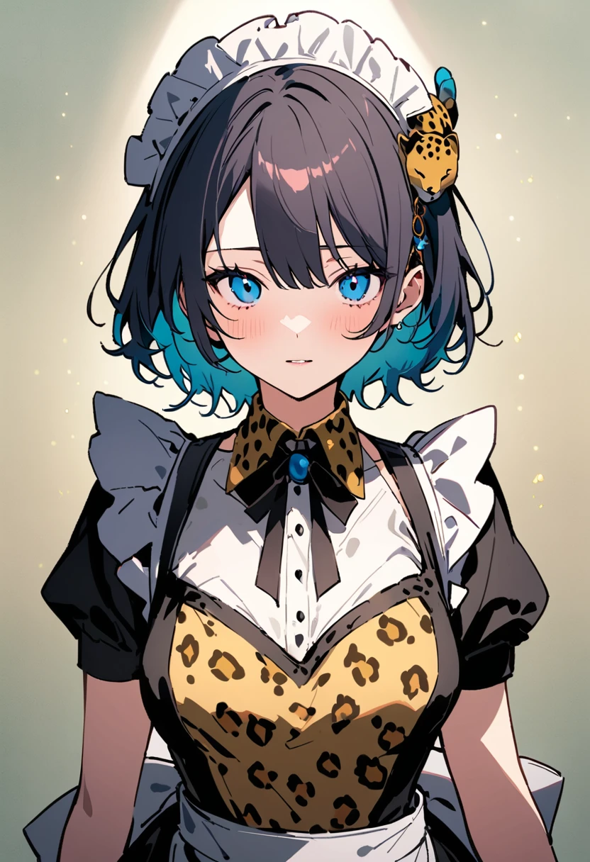 masterpiece, Highest quality, Illustration of the novel, High resolution, 18+ Adult content, Sensual, Intimate, Emotional, Passionate, romantic, sweet, Adorable, Innocent, Pure, Charmな, Charmな, Charm, mysterious, Charmな, Charmな, Immersive, Charmな, dream-like, Surreal, Imaginative, Whimsical, Artistic, Avant-garde, timeless, elegant, Sophisticated, chic, Sophisticated, personality, original, Charmな,((Maid clothes:1.3)),(Cheetah Dress:1.3)、Female Band、live、((Upper Body:1.3))