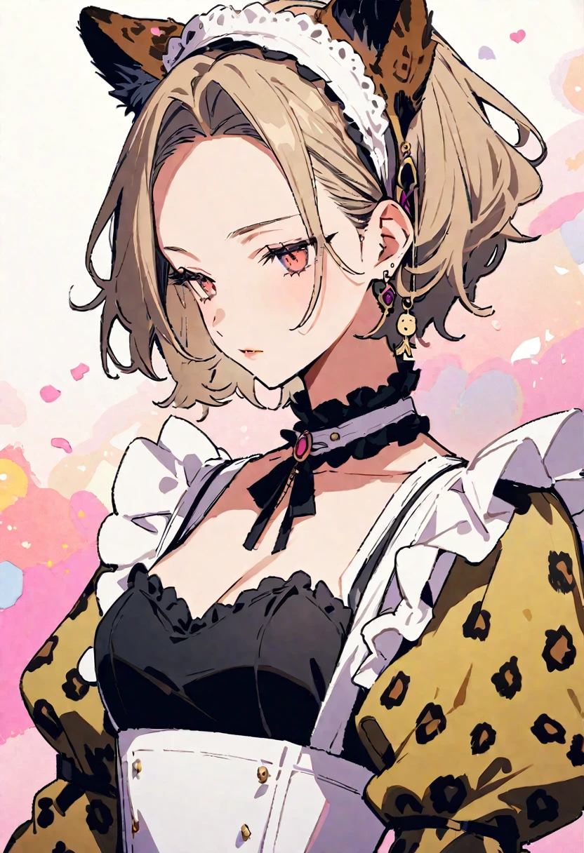 masterpiece, Highest quality, Illustration of the novel, High resolution, 18+ Adult content, Sensual, Intimate, Emotional, Passionate, romantic, sweet, Adorable, Innocent, Pure, Charmな, Charmな, Charm, mysterious, Charmな, Charmな, Immersive, Charmな, dream-like, Surreal, Imaginative, Whimsical, Artistic, Avant-garde, timeless, elegant, Sophisticated, chic, Sophisticated, personality, original, Charmな,((Maid clothes:1.3)),(Cheetah Dress:1.3)、Female Band、live、((Upper Body:1.3))