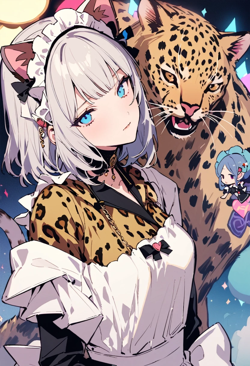 masterpiece, Highest quality, Illustration of the novel, High resolution, 18+ Adult content, Sensual, Intimate, Emotional, Passionate, romantic, sweet, Adorable, Innocent, Pure, Charmな, Charmな, Charm, mysterious, Charmな, Charmな, Immersive, Charmな, dream-like, Surreal, Imaginative, Whimsical, Artistic, Avant-garde, timeless, elegant, Sophisticated, chic, Sophisticated, personality, original, Charmな,((Maid clothes:1.3)),(Cheetah Dress:1.3)、Female Band、live、((Upper Body:1.3))
