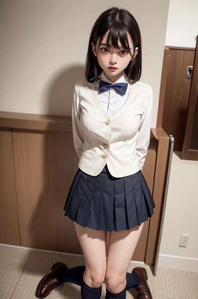white collared shirt, blazer, bowtie, necktie, pleated skirt, micromini skirt, bobby socks, , white socks, loafers, school shoes,striped panties,(( pantyshot, panties shot)),,skirt up.cowboy shot.spread legs.((full body)).23yo .pee stain