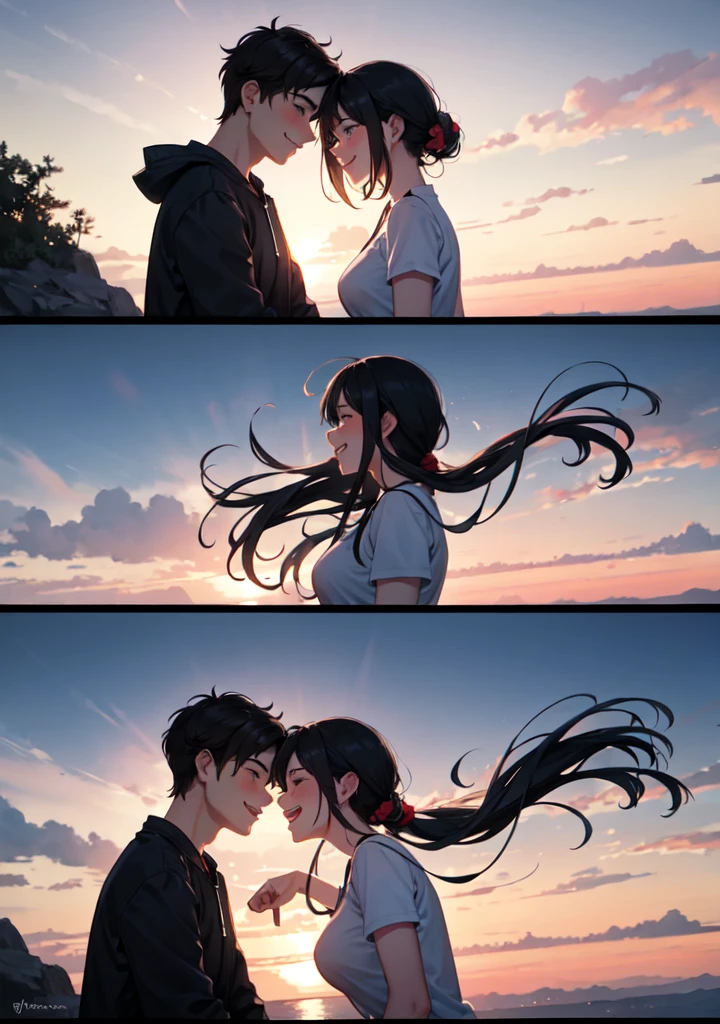 Illustrating moments of shared joy and companionship between the couple heterosexual. They are depicted watching countless sunsets together, exchanging loving glances, and sharing laughter over inside jokes.