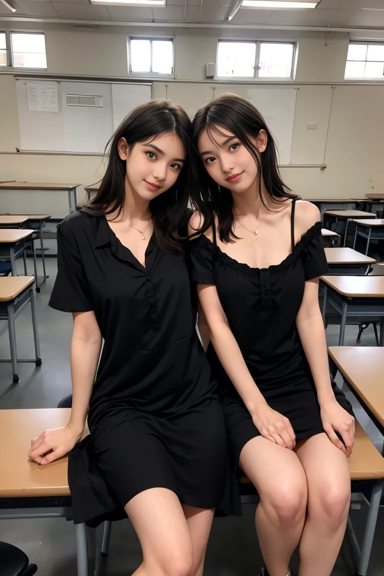 sexe entre deux femme sexy et mince de 18 ans , black short sleeve short nightdress, dans une salle de classe , ,jambe visible,se touche