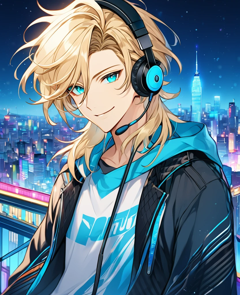 (Blonde_hair),(long_male_hair), (cyan_vibrant_eyes), (detailed_eyes), (warm_smile), (attractive), (background_colorful_night_city), (male), (detailed_Hair), (detailed), (wears_19's_outfit), (uses_headphones)