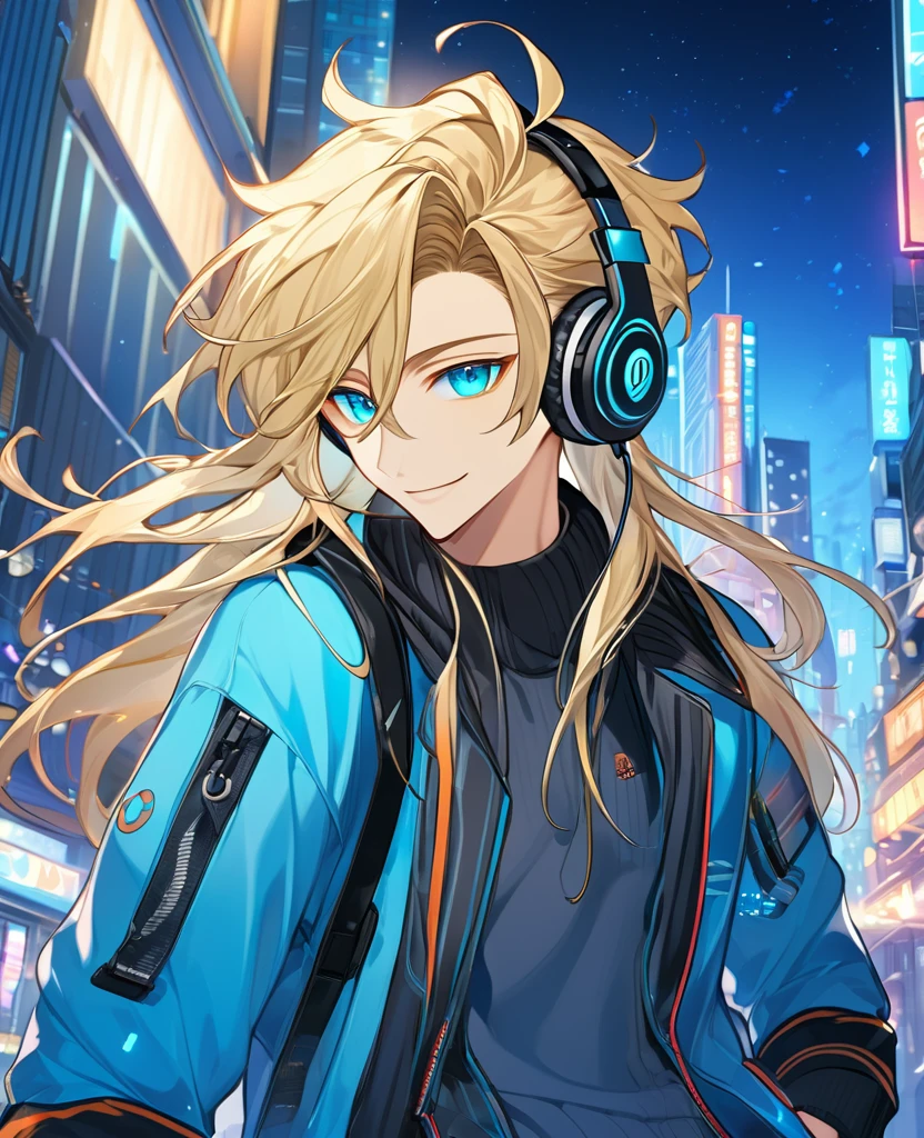  (Blonde_hair),(long_male_hair), (cyan_vibrant_eyes), (detailed_eyes), (warm_smile), (attractive), (background_colorful_night_city), (male), (detailed_Hair), (detailed), (wears_19's_outfit), (uses_headphones)