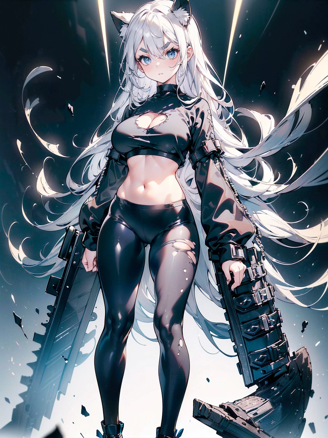 (White Hair Girl), (Thick, dark blue eyebrows:1.4), (Dark blue eyebrows:1.7), (Thick eyebrows:1.3), (Huge black fluffy animal ears:1.1), (Black animal ears:1.1), BREAK, (((Mesh Stitching Crop T-Shirt, Cutout Long Sleeve Top))),BREAK, (Big Breasts:1.2, Thick legs, Adult female body, Sturdy body:1.2), ((full body:1.7, Contrapposto:1.5)), (sharp eyes, Ultra-high definition CG, Precisely designed costumes, 4K, 8K, Ultra-high definition CG, Precisely designed costumes, Clear lines, Expressive and Captivating Eyes, Fine Details and Realistic Textures, cinematic lighting), ((white background)), BREAK, (Wearing black leggings with holes), Skinny sleeves, (Torn and holey leggings:1.2)(Black leggings:1.4), (過剰なRuggedThick soleブーツを履いています:1.2), (Thick sole:1.5), (Big shoes:1.3), ((Beam SE, embarrassed))　